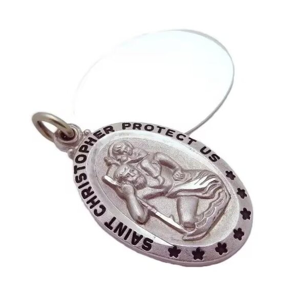 Vintage Saint Christopher Protect Us Sterling Silver Enamel Slide Pendant Charm - Picture 4 of 6